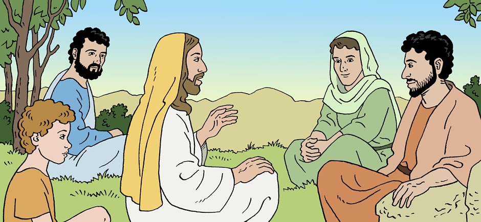 Jesús comença descansant amb els apòstols i acaba predicant a la gentada